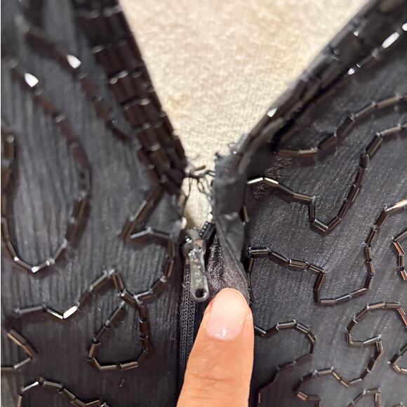 Vintage Black Sequin Beaded Cocktail Dress Floral Short Sleeve 80s/90s Glam Lg - Picture 10 of 11